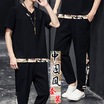 Summer new linen suit Male Chinese wind cotton linen short sleeve T-shirt Set of clothes Summer clothes 90% pants Two sets