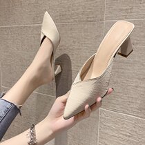 Net red bag head half slippers female outside wearing 2022 Spring new fairy wind water drill tip coarse heel high heel cool