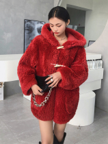 dearyan2021 new Bartha fur integrated red lamb wool jacket Female winter Lianhood jacket