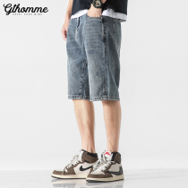 Pants mens summer new mens denim shorts loose straight trendy Joker print wear five-piece pants thin