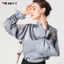 Spring 2021 New shirt long sleeve top split long sleeve lace hollow stand collar mature temperament women fashion