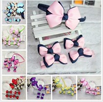 Childrens hair ornament solid color double bow headband hairclip set jewelry Princess headband little girl hairclip fa sheng