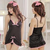 New simulation silk sexy temptation low-cut ladies suspender short nightgown black two-piece pajamas