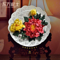 Oriental clay Ceramic flower hanging plate ornament Luoyang peony sitting plate handmade crafts Housewarming new home gifts