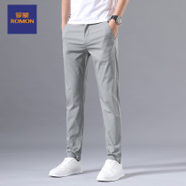 Romon pants mens summer ice silk thin casual trousers Gray stretch slim fit all-match Korean version of the trend small pants