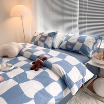 Bed sheet covered with cover four pieces of pure cotton full cotton minimalist lattice pure cotton four pieces of bunk beds 1 m 8 beds of four pieces