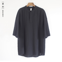 Muke original linen retro trend top Chinese large size plate buckle T-shirt Chinese style mens loose tea zen suit