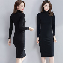 Black long sleeve base skirt skinny high collar dress early autumn 2021 new mid-length skirt slim winter women