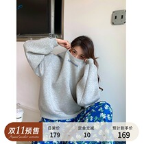 NORA gray round neck letter pullover sweater women 2021 autumn and winter simple loose Korean solid color slimming top