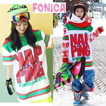 NAPING Korea ski sweatshirt with long style jacket head ski suit with female male couple short sleeve undershirt