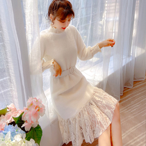 Autumn and winter Net red pop super fairy Autumn Winter mohair lace small fragrant wind dress sweet lady big Medium-length dress