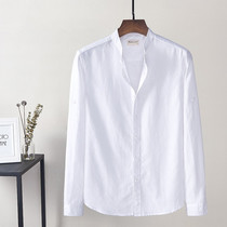 Special Cabinet Mens Standings Linen Long Sleeves Shirt Version Mens Clothing Loose Big Code Beating Bottom Cardiovert Cotton Linen White Shirt Man