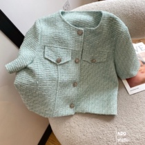 Green short section coarse flower Woven Blouse 2022 Summer Temperament Single Row Button Short Sleeve Cardiovert small fragrant wind jacket woman