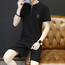 Summer short sleeve T-shirt mens sports suit loose pure cotton shirt collar Compassionate Casual 5 Shorts Male Clothing Tide