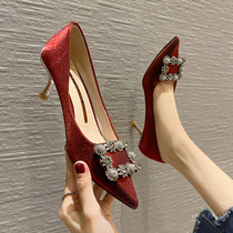 Red Wedding Shoes 2020 New Winter Water Drill Pointed Temperament High Heel Shoes Woman Fine Heel Gush Single Shoes Woman Autumn Winter