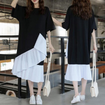 Korean version of large size womens wear loose thin long cover belly color color ruffle skirt fashion casual dress
