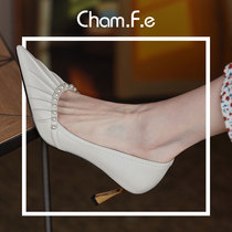 Spring new beige pointed high heels leather heel womens shoes fold Pearl evening dress single shoe 422F