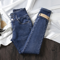 Elastic tight waist and wool jeans female high waist thin and thick hot pencil pants