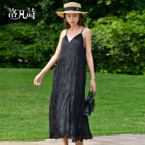 Lofan poetry 2022 Summer new minimalist pure color 100 lap V collar sleeveless dress high-end reduced-age suspension band dress