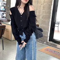 Black strapless knitted cardigan women 2021 spring new design niche slim slimming Japanese vintage tops