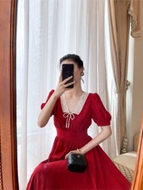 Red one-piece dress retro Hepburn style Dress With Lean style collection waist Long dress Summer to ankle small Fragrant Wind Skirt