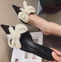 European and American pointed bow half slippers women wear summer outside 2021 new medium heel bag cool drag kitten with Muller shoes