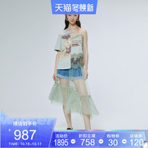 LE FAME La Fei Mchun asymmetric printing stitching mesh long-length veil LF9C21B01G083