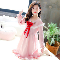 Girls night dress pure cotton 2021 spring middle and large virgin girl cute home clothes Long sleeve thin princess childrens pajamas