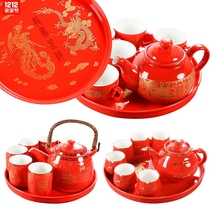 Wedding Teapot Teacup tea set Porcelain Festive big red tea pot tea set Round solid wood tray Gift