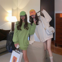 Avocado green sweater womens loose mid-length 2019 new early autumn long-sleeved thin section simple bf lazy wind top