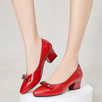 Red single shoes womens thick heel spring soft leather leather medium heel shoes pointed soft sole high heel shallow mouth pedal womens shoes