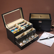 Three-layer large capacity watch box glasses storage box leather with lock sunglasses watch one jewelry box drawer box