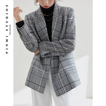 Retro plaid blazer blazer womens woolen jacket autumn and winter thick English style double-breasted loose Korean version 2021 New