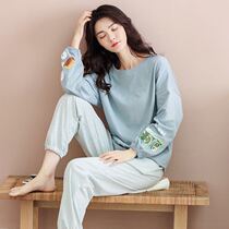Pure cotton pajamas womens spring and autumn long-sleeved cute casual two-piece set Korean version striped student homewear suit womens summer