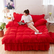 New thickened clip cotton big red wedding festive wedding celebration anti-slip plus cotton bed skirt bed cover type of four pieces