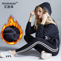 White-edged vertical stripes Black sports leggings Female long slim tight stretch outside wear large size velvet thickened trousers