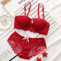 Large red lingerie suit without steel ring Ben life year female bra gather small breasts sexy up to get married beauty back lace