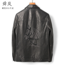 (SHUNLAN)Embroidered horse head section first layer oil wax calfskin motorcycle lapel leather leather jacket for men