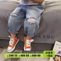 Childrens broken hole jeans 2021 spring and summer new male and female Han version casual denim long pants baby beggar pants tide