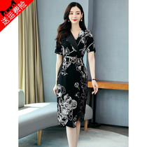 Short Sleeve V Collar Finish Waist One-piece Dress 2021 Summer Womens Dress Medium Long Style Slim Fit Black Suit Printed Skirt