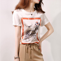 Japanese silk white short sleeve round neck T-shirt 2021 new summer print casual loose foreign style tide coat women