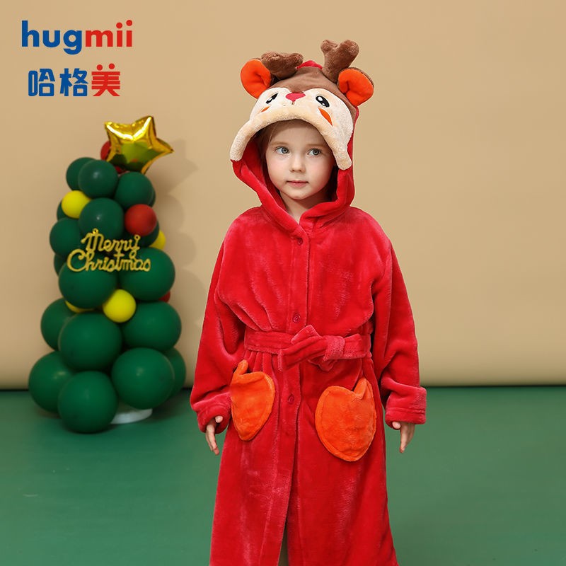 Hagemei hugmii boys and girls baby children coral velvet pajamas autumn and winter thickened flange nightgown velvet home clothes