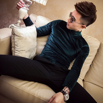 Autumn and winter semi-high collar with undershirt mens handsome striped long sleeve t pension velvet sweatshirt youth compassionate
