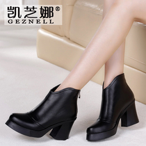 2020 new Inron genuine leather girl boots high heel short boots ladies spring autumn single boots and nude boots thick heel thick Martin boots