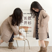 Girls Long Knitted Cardigan 2021 Spring and Autumn Middle Children Korean Thick V Neck Coarse Sweater Coat Coats