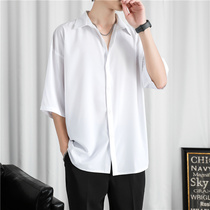 Ice silk short-sleeved mens shirt summer Korean version thin section loose tide brand trend five-and-a-half sleeve shirt mens summer clothes
