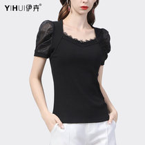 Summer slim fit short sleeves Knitted Sweatshirt Womens Square Collar Snowmelt Splicing Blouse 100 Hitch Slim Fit 2022 New Elastic Body