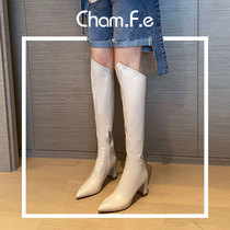 Pointy knee boots white thick heel Knight boots winter leather plus velvet big tube high heel boots children 487C