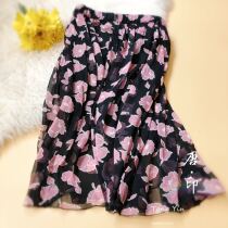Lady Summer Real Silk Dresses Mulberry Silk Half Body Dress Black Bottom Rubber Powder Floral Elegant