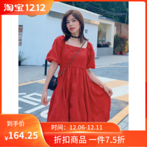 Seven volume a cut red retro bubble sleeve back lace-up doll skirt small man sweet dress women Summer 423